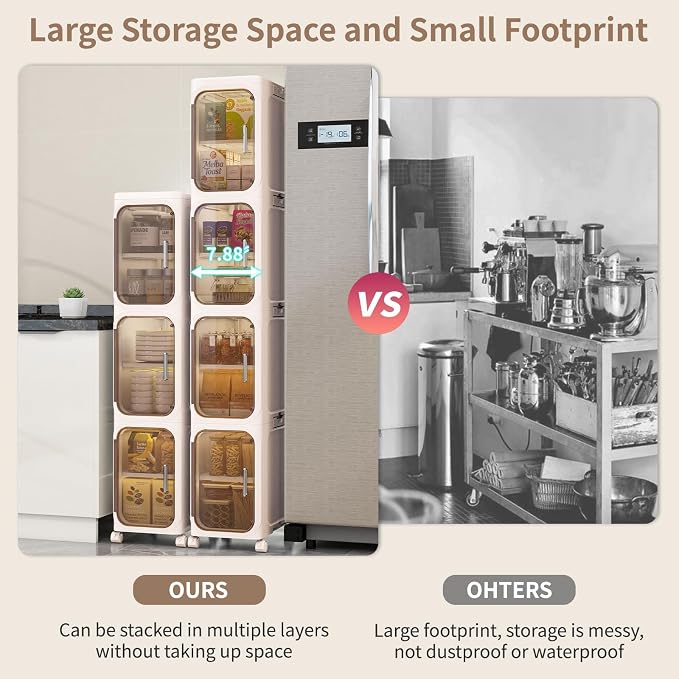 2 Tier Slim Bathroom Storage Cabinet, Foldable and Movable, Beige | Tools Free, ABS and PET, Magnetic Clear Door, Adjustable Shelves, Lockable Wheels, Water Resistant, For Narrow Space - Image 3