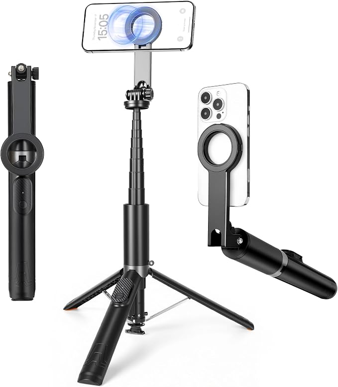 64" Magnetic Tripod for Phone, Auto-Open Tripod with 360° Rotatable | Phone Stand with Metal Ring & Rechargeable Remote for iPhone/Android Photography/Vlogging by Heliora