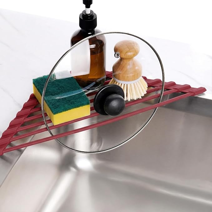 Tomorotec Roll Up Dish Drying Rack with Silicone Coating, Wine Red | 304 Stainless Steel with BPA-Free Silicone, Triangle Design Maximizes Sink Corner Space, Fits Compact Kitchens And RVs - Image 2