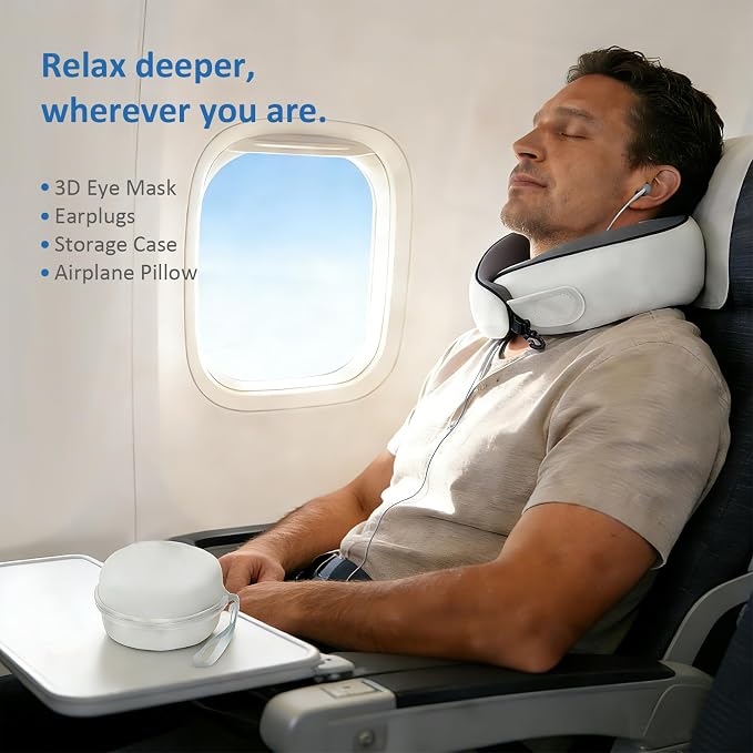 360° Full Support Compact Neck Airplane Pillow for Car, Office | Neck Pain Travel Pillow for Rest; Long Flight Kit with Contoured 3D Eye Mask, Earplugs & Portable Storage Box - Image 9