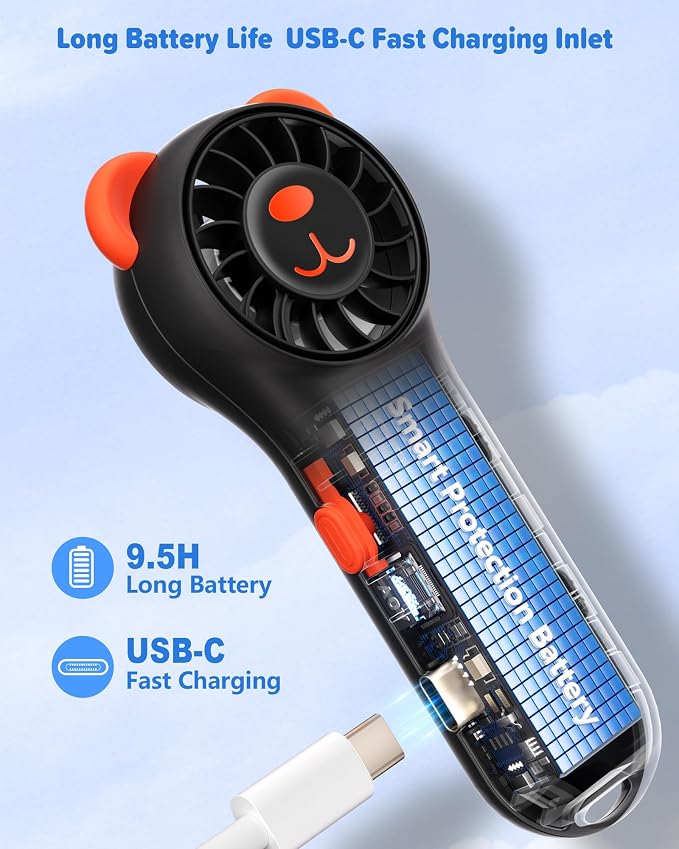 Portable Handheld Fan, Cute Bear Mini Fan with 11000 RPM High Speed, Rechargeable Personal Fan with 4 Speeds, Pocket Small Fan for Travel, Makeup, Lash, Gifts for Women Girl - Black - Image 4