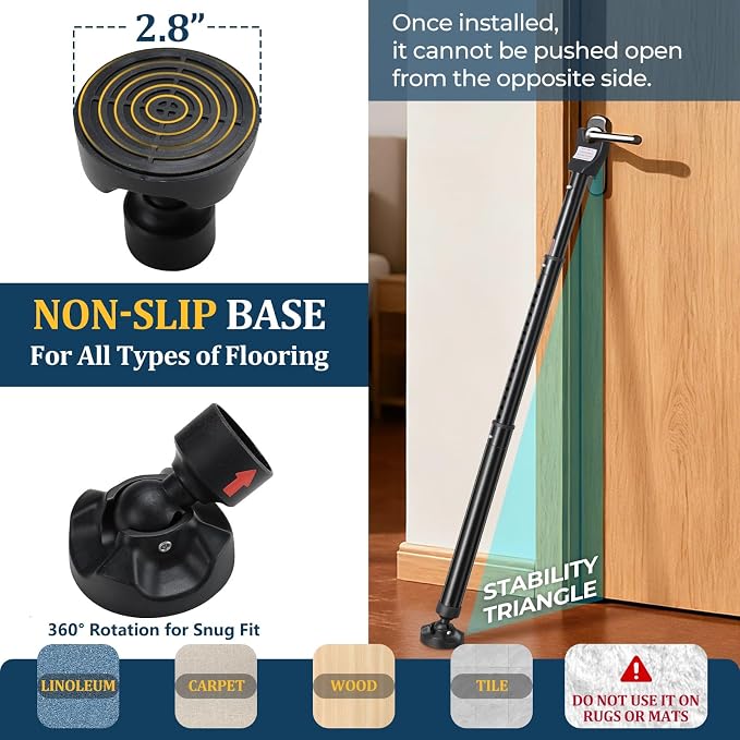 3-in-1 Door Security Bar, Heavy-Duty Metal Rod Sliding Patio Door Security Bar with 2.8" Non-Slip Base, 16"-41.7" Adjustable Door Barricade Security Bars for Doors & Windows,Home,Renters,Apartments - Image 6