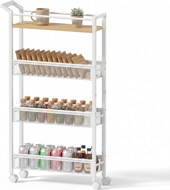 4 Tier Slim Rolling Storage Cart, 5.1 Inch Wide Narrow Storage Cart with Handle, Iron Wood Utility Slide Out Pantry Shelf Organizer for Laundry Room, Bathroom, Kitchen, Small Spaces,White by Unknown