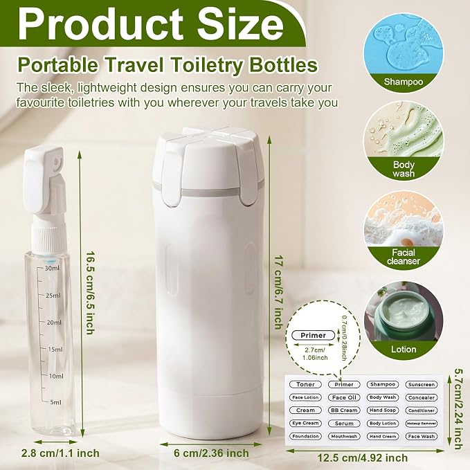 4 in 1 Travel Dispenser with 4 Pack 30ml Travel Bottles and Label Refillable & Leak Proof Portable Toiletry Containers with Locks for Shampoo Lotion Conditioner Cream (White) - Image 2