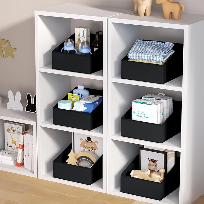 DIMJ Trapezoid Storage Bins for closet shelves, Closet Organzier Bins with Handle, Foldable Closet Storage Bins Basket, Closet Organizers and Storage for Toys, Books, 6 Packs, Black - Image 4