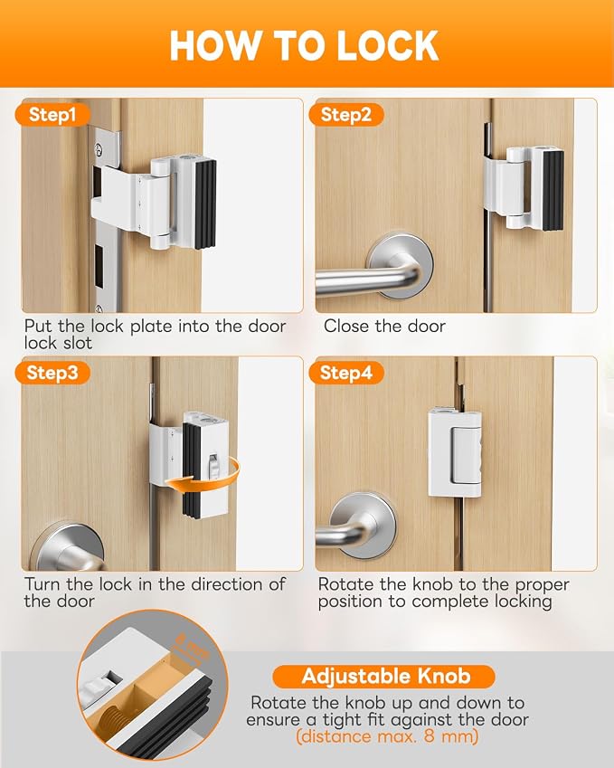 Portable Door Lock for Travel, Adjustable No Drilling Door Reinforcement Lock, Extra Latch Stopper for Hotel Room, Home Apartment, Inward Swing Door - Family & Travelers Security (White-1PC) - Image 5