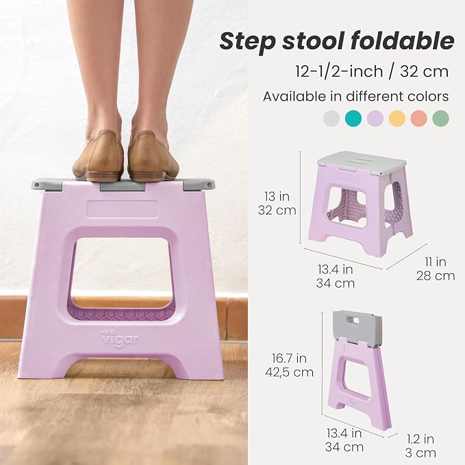 Vigar Compact Folding Step Stool, 12-1/2 in, Purple | 12-1/2 in Foldable Stool, Lightweight Portable Design, Handle, Non Slip Surface, Space-Saving, Supports up to 330 lb - Image 2