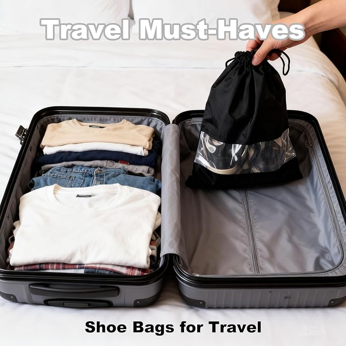 20 Pack Shoe Bags for Travel, 17" x 12.6" Drawstring Shoe Organizers with Clear Window, Breathable Non-Woven Dustproof Pouches for Luggage & Closet (Black) - Image 4