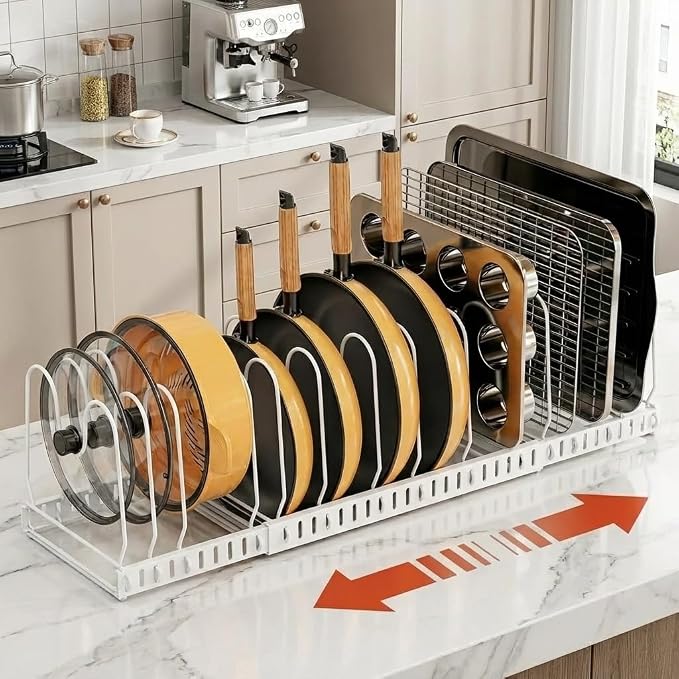 Pot and Pan Organizer Rack for Cabinet, 3 Expandable Pot Lid Organizer Holder with 12 Adjustable Compartment for Kitchen Cutting Board, Pan Lid, Bakeware, White by Besda%7CRedefinetheBeautyofOrderinYourKitchenOurOriginalAspiration%E2%80%94WhyBesda