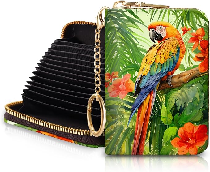 Blusabaca RFID Credit Card Holder Small Women Travel Wallet, Parrot Bird | Removable Keychain, Case with Zipper, Vegan PU Leather, Cash Coin Pocket, Business Accordion Purse, Ladies Female Gift by Blusabaca