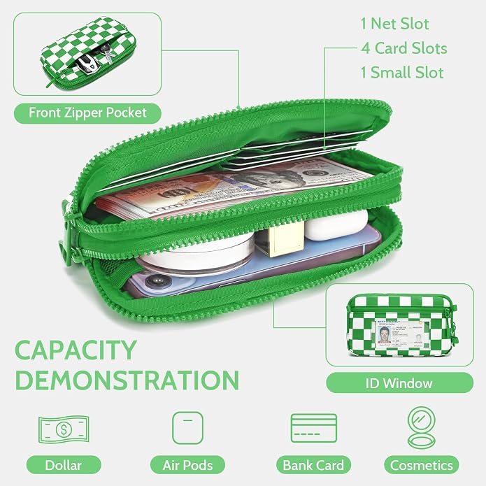 FODOKO Wristlet wallets for Women RFID crossbody bags with 4 Zippers | Checkered quilted nylon with credit card slots, cell phone organizer, and coin purse for travel and everyday carry - Image 4