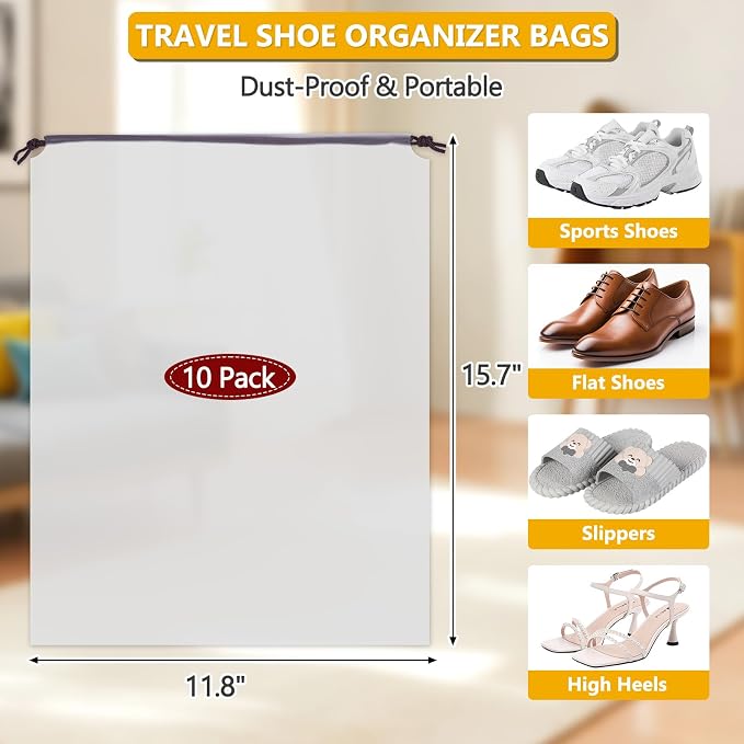Waterproof Shoe Bags for Travel - 15.7x11.8 Inches Drawstring Bags Organizers (10 Pack), Clear Waterproof Bag Travel Essentials for Men & Women, Shoe Bags for Storage (Packing, Gym, Luggage Storage) - Image 2