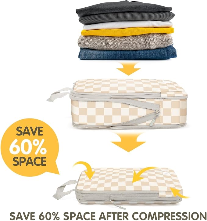 8 Set Compression Packing Cubes Travel, Lightweight Durable Packing Compression Cubes, Accessories Bags Packing Cubes for Travel Luggage Organizer (Khaki Checkered) - Image 4