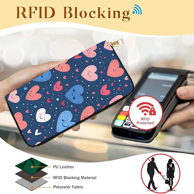 Women's RFID Blocking PU Leather Zip-Around Wallet, Large Capacity Clutch with Phone Holder, Travel Purse & Card Organizer with Removable Wristlet,Love Heart - Image 2