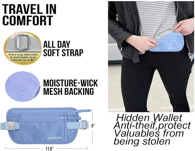Money Belt for Travel - Hidden Travel Pouch Protect Your Credit and Money With RFID Blocking Passport Holder Waist Wallet (Azure) - Image 6