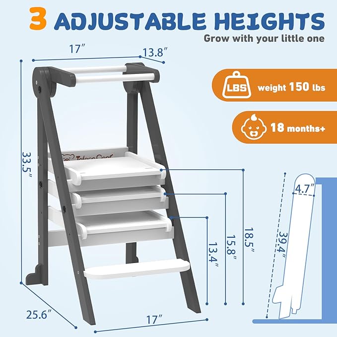 Foldable Toddler Tower, 3 Adjustable Height, Toddler Kitchen Stool Helper | Wooden Standing Tower with Safety Net ,Safety Feet,for Kitchen, Bathroom, Study Room,Offer Customer Service - Image 7