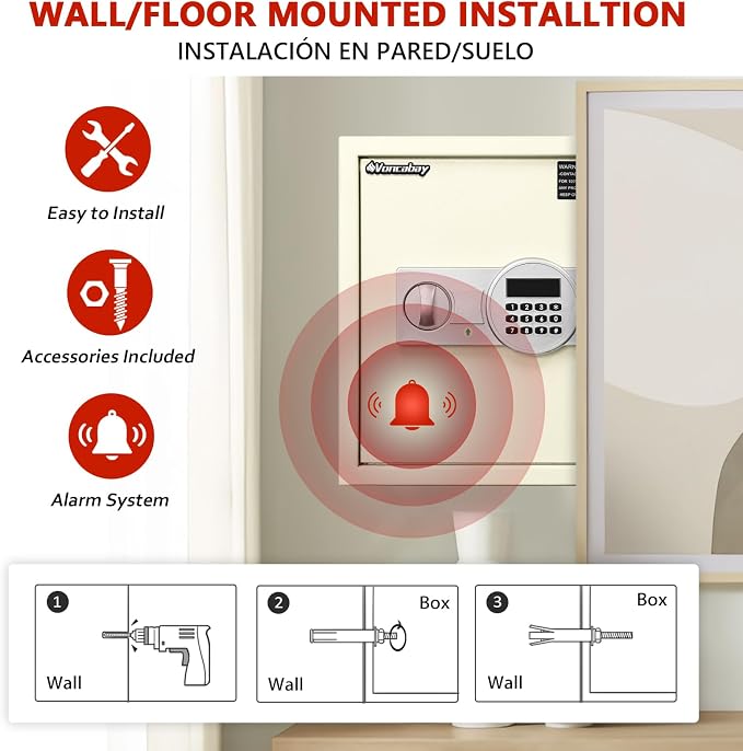 Voncabay Money Safe Box for Home with Digital Keypad, 1.5 Cu. Ft., White | Alloy Steel, 2 Fireproof Bags, Digital Keypad with Display, Removable Shelf, Alarm System, 14 x 13 x 13 In. - Image 3