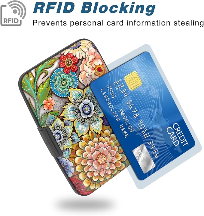 Credit Card Holder, Mini Aluminum Card Wallet RFID Blocking Slim Metal Hard Card Case for Women Men, Mandala Flower - Image 2