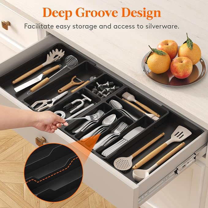 Lifewit Utensil Organizer for Kitchen Drawer, Expandable Cooking Tray | Adjustable Cutlery Flatware Holder, Plastic Silverware Spatula Tools Storage Divider, 21.3- 36 x 16.9", Black - Image 8