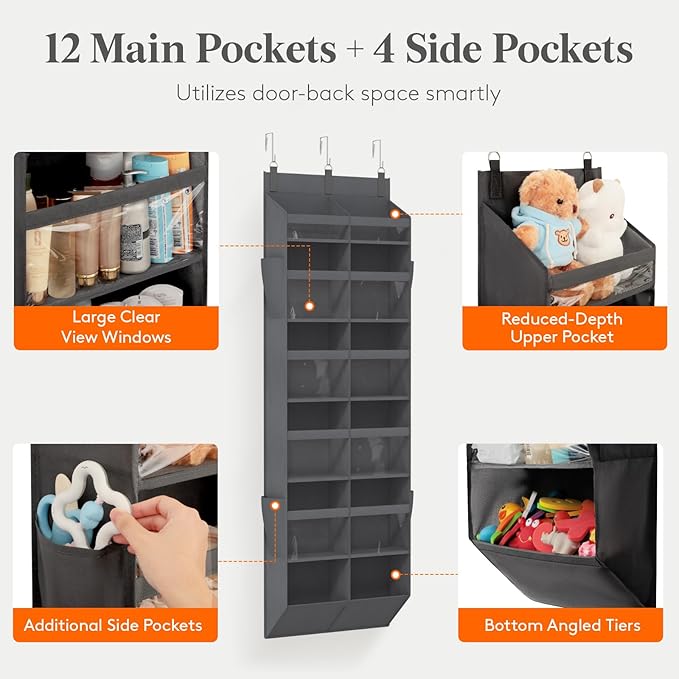Lifewit 1 Pack Over the Door Organizer, 12 Section Clear Window Hanging Storage with 4 Side Pockets, Sturdy Anti Tilt 40 lbs Load Behind Door for Closet, Bedroom, Bathroom, Nursery, Dorm, Dark Gray - Image 3