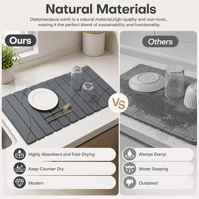 Extra Large Stone Dish Drying Mat for Kitchen Counter, Quick Dry Stone Dish Mats, Foldable Water Absorbing Diatomaceous Drying Pad for Countertop Bottles Utensils Bathroom (Flow Line Gray 32"x16") - Image 7