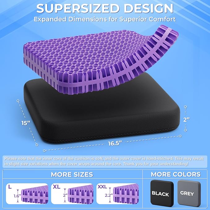 TushGuard Gel Seat Cushion for Long Sitting, Breathable Thick Patent Design | Enlarged Cooling Chair Pad for Office Chair, Wheelchair, Desk Chair, Supportive Car Cushion (2"Thick, Black+Violet) - Image 3