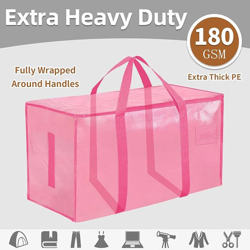 12 Pack-Extra Large Heavy Duty Moving Bags - Waterproof Storage Totes with Handles & Zippers, Foldable for College Dorm, Storage (Pink) - Image 2