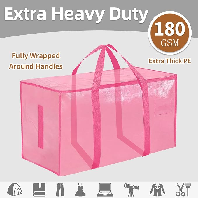 8 Pack-Extra Large Heavy Duty Moving Bags - Waterproof Storage Totes with Handles & Zippers, Foldable for College Dorm, Storage (Pink) - Image 2