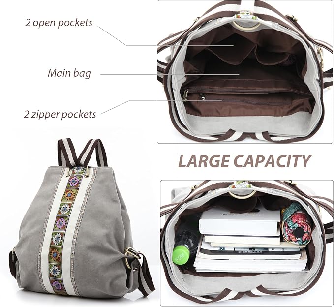 Goodhan Women Canvas Backpack Daypack Casual Shoulder Bag, Vintage Heavy-duty Anti-theft Travel Backpack, Light Grey - Image 6
