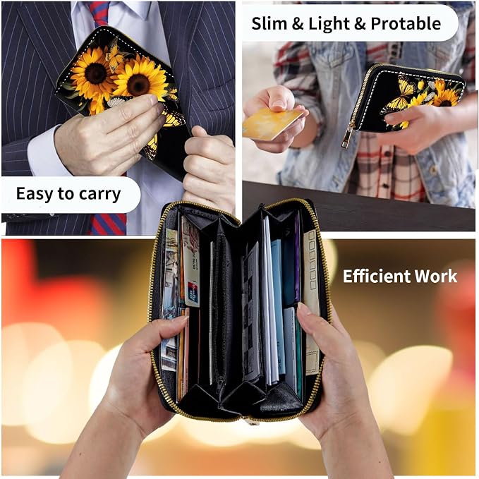 Wallet,Leather Long Wallet Suitable For Ladies And Teenagers - Detachable Wristband + RFID Travel Wallet With Card Slot - Sunflower Butterfly - Image 7