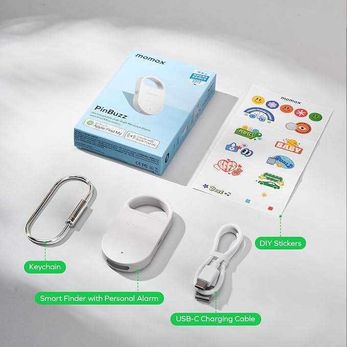 Momax Key Finder Tracker Tag – Smart Personal Alarm Rechargeable Tracking Device with SOS Alert & LED Strobe, Find My (iOS Only), Anti-Lost Tags with Keychain, Travel Gadget for Women, Girls, White - Image 8