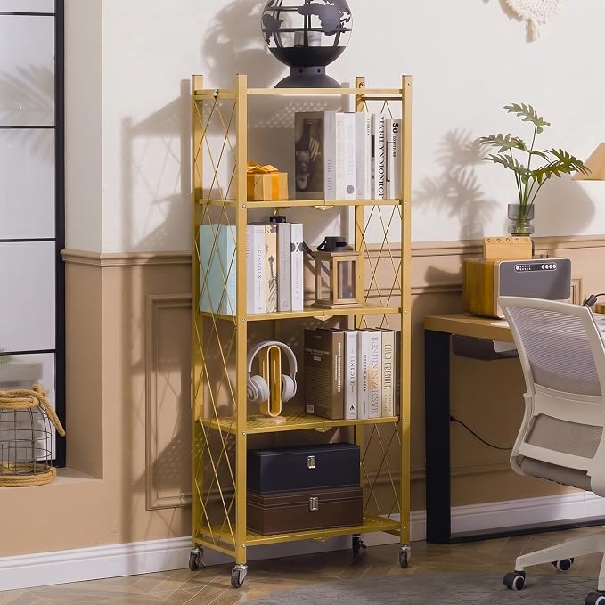 DEANIC 5-Shelf Folding Bookcase with Wheels, Rolling Bookshelf Heavy Duty Storage Shelves, Freestanding Metal Wire Shelving Unit for Living Room, Office, Kitchen, Basement, Pantry (Gold) - Image 2