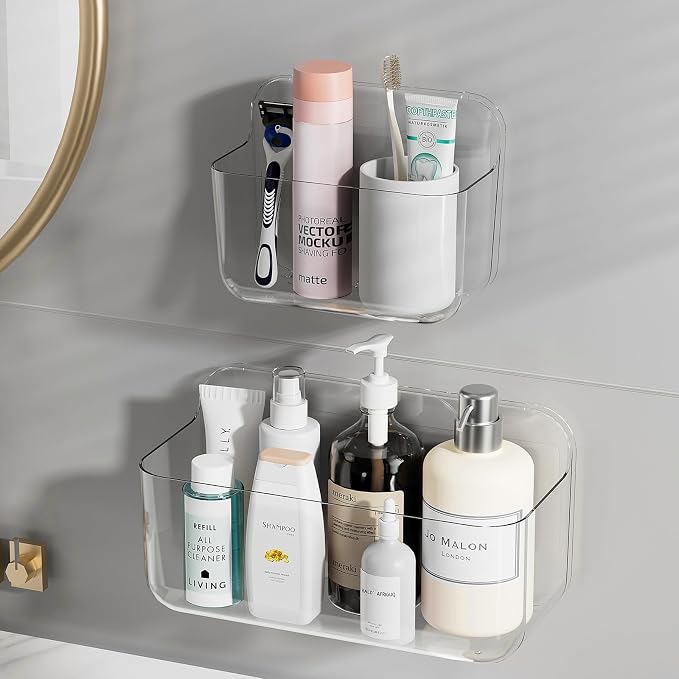 ZEXALOR Wall Mounted Storage Organizer Bins Organizing Shelf Basket Clear Plastic Makeup Organizer Adhesive Hanging Bin Fridge Organizer for Bathroom,Kitchen,Cabinet,Pantry,Countertops (XL+L) by ZEXALOR