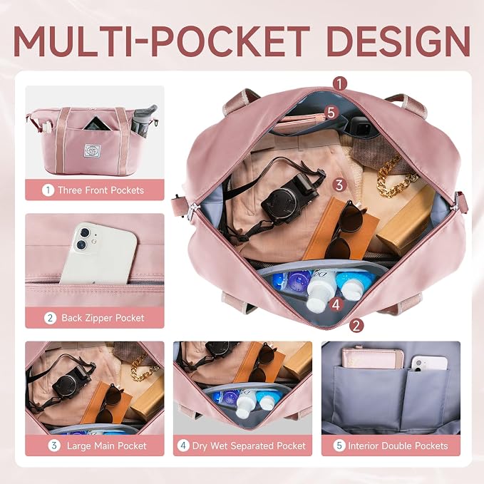 WALNEW Travel Duffel Bag, Weekender Overnight Bag for Women, Pink | Carry On Bag, Foldable Waterproof Gym Luggage with Metal Buckle Detachable Shoulder Strap and Wet Compartment - Image 5