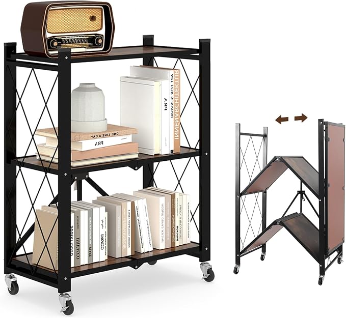 3 Tier Folding Shelf with Wheels, Wood and Metal Bookshelf | No Assembly Foldable Storage Shelves, Vintage Storage Rack for Living Room, Bedroom, and Home Office by YUANJIMI