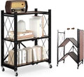 3 Tier Folding Shelf with Wheels, Wood and Metal Bookshelf | No Assembly Foldable Storage Shelves, Vintage Storage Rack for Living Room, Bedroom, and Home Office by YUANJIMI