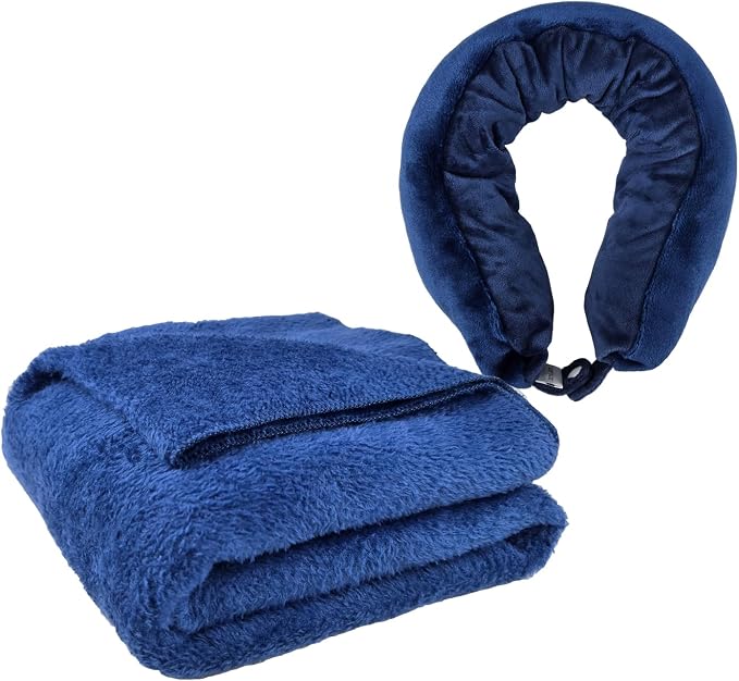 2-in-1 Travel Pillow/Blanket,Airplane Neck Pillow,Lightweight Throw Blanket | Travel Blanket Roll up as a pillow for Airplane,Camping,Office,Airplane Essentials (Blue) by lomitech