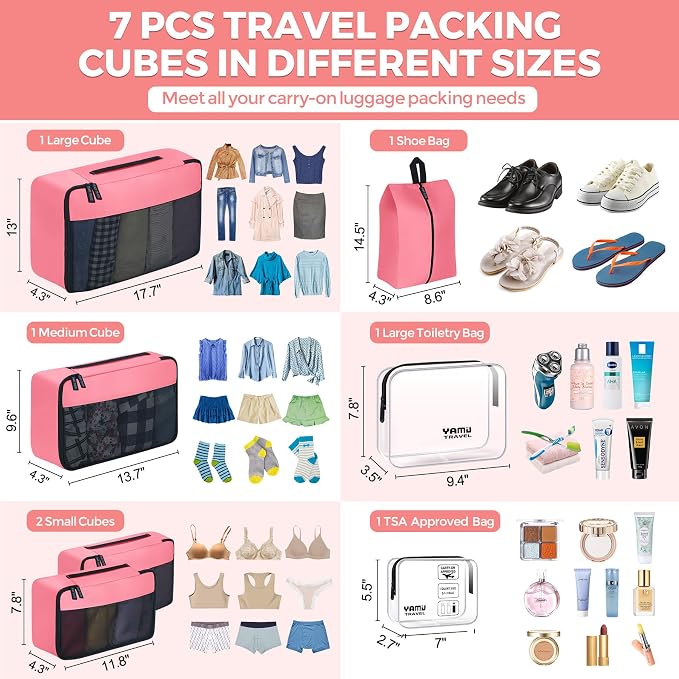 YAMIU Packing Cubes for Suitcases, 7 Pcs luggage organizer bags with Shoe Bag, 2 Waterproof Travel Toiletry Bags, Travel Cubes for Travel Essentials Travel Accessories - Image 2