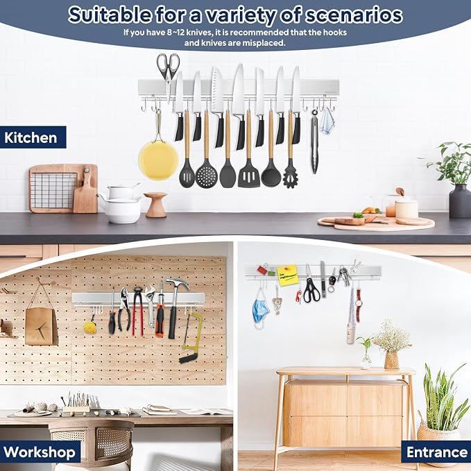 23 inch magnetic knife holder with 15 hooks, No Drilling knife magnetic strip and utensil hanger for wall, Powerful knife magnet rack include tape and screws - Image 7