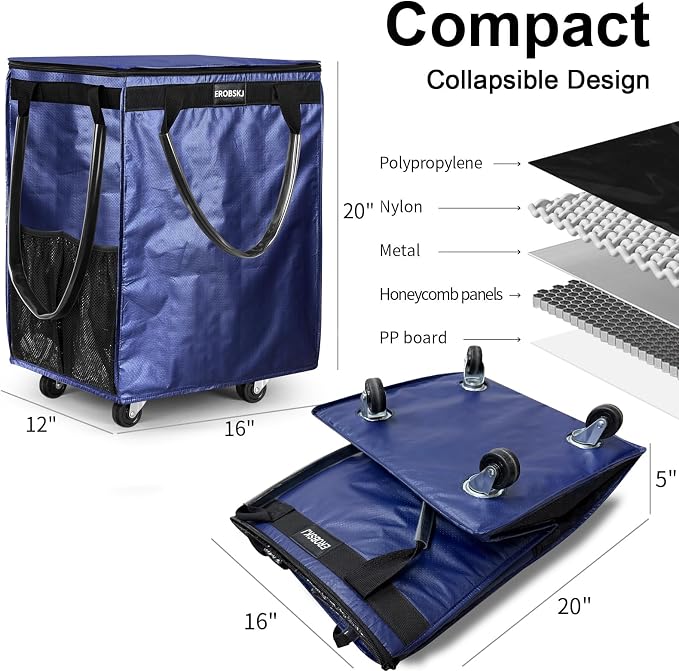 (Medium, Navy) Reusable Grocery Bag on Wheels, 70L Foldable Rolling Tote, Extra Storage for Shopping, Zipper Clouser Shopping Carts for Groceries, Laundry, Organization, Moving,4 Heavy Duty Wheels | Bag on Wheels - Image 6