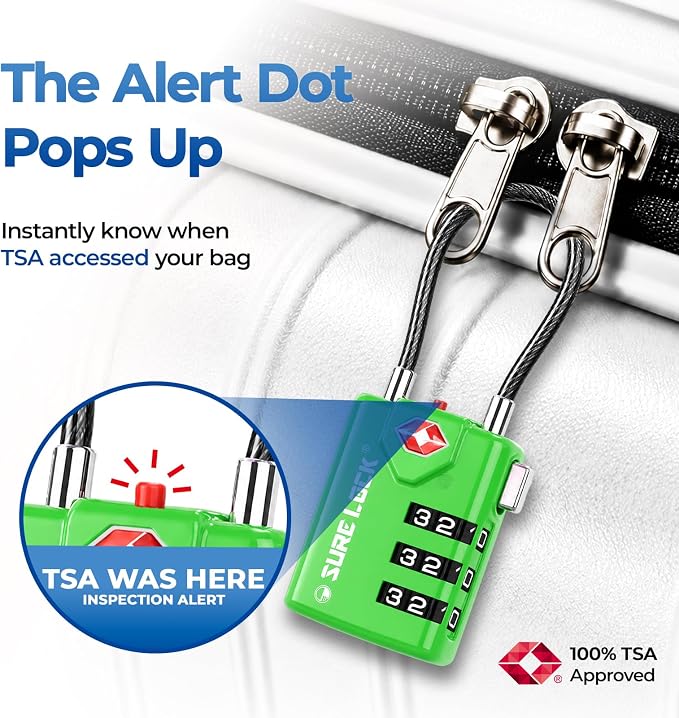 SURE LOCK TSA Approved Luggage Locks with Open Alert Indicator, 3 Digit Combination Cable Travel Lock for Suitcase, Backpack, Gym Locker, Toolbox & Travel Bag（Green 4 Pack） - Image 4