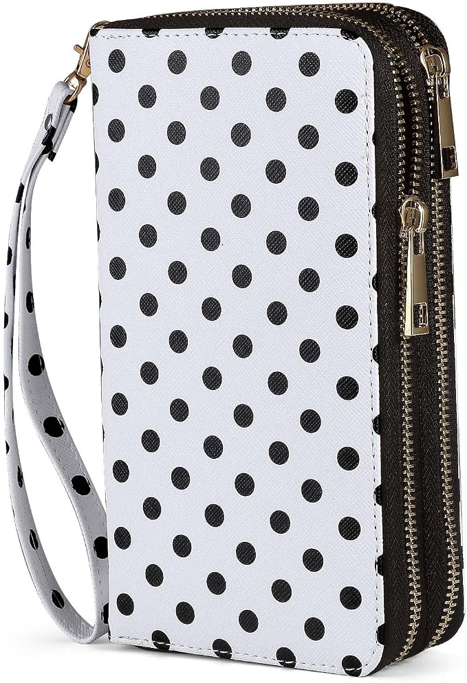 RFID Blocking Cellphone Wallet for Women with Removable Strap, Large Capacity Multi Card Wristlet Purse for Travel, Coin Pocket & Double Zipper, Polka Dot by HAWEE