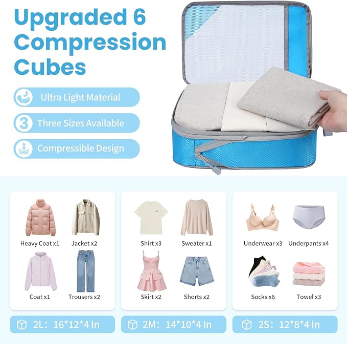 Compression Packing Cubes for Travel, Lightweight Vacation Travel Essentials, Travel Accessories for Suitcase Organizer Bags Set, Durable Luggage Organizer - Image 2