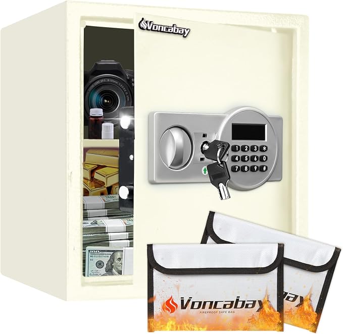 Voncabay Money Safe Box for Home with Digital Keypad, 1.5 Cu. Ft., White | Alloy Steel, 2 Fireproof Bags, Digital Keypad with Display, Removable Shelf, Alarm System, 14 x 13 x 13 In. by Voncabay