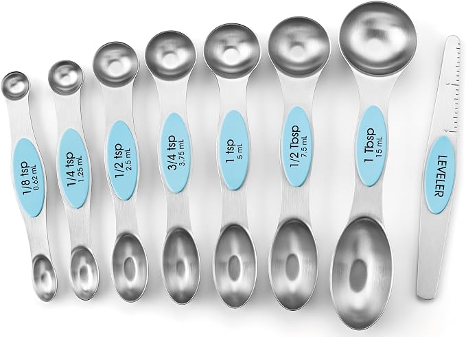 Spring Chef Stainless Steel Magnetic Measuring Spoons Set of 8, Aqua Sky | Nesting Metal Teaspoon & Tablespoon Measuring Spoons with Leveler for Dry & Liquid Ingredients, Dual Sided, Dishwasher Safe by SpringChef