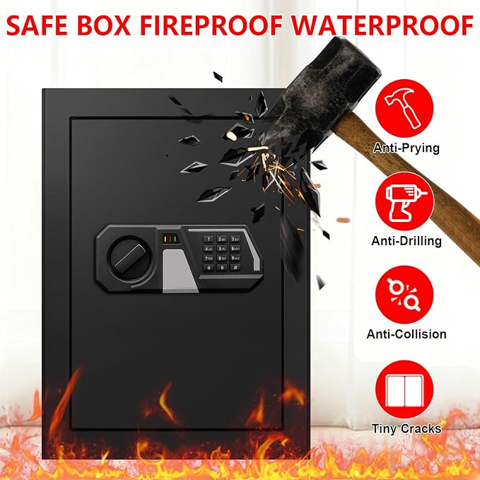 3.4 Cub Large Safes for Home Use, Digital Home Safe Box Fireproof Waterproof with Programmable Keypad, Spare Keys and Removable Shelf, Anti-Theft Fire Proof Safe for Document Money Valuables - Image 3