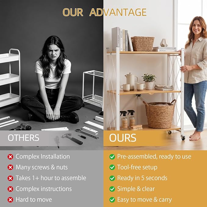 3-Tier Folding Storage Shelves with Wheels – No Assembly, Heavy Duty Collapsible Rolling Shelf Unit for Kitchen, Bedroom, Living Room - Image 5