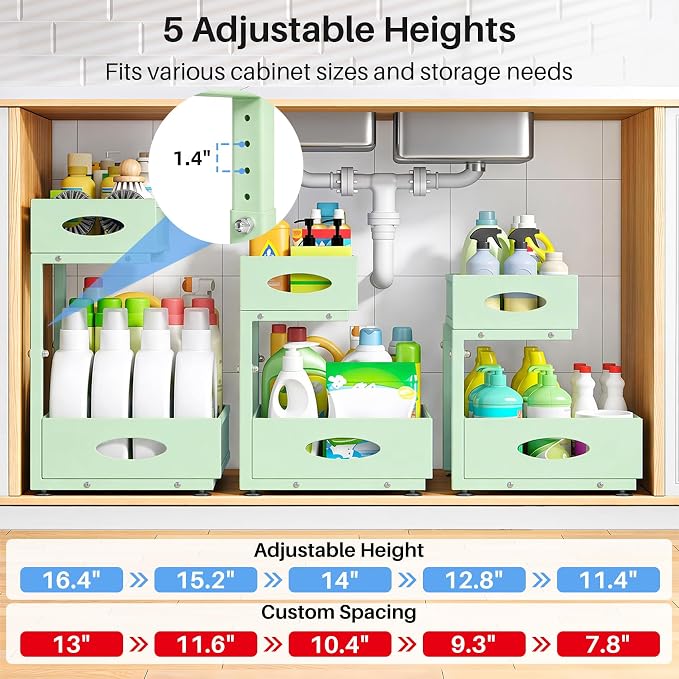 Under Sink Organizer, 2 Tier Pull Out Under Cabinet Organizer Shelf with Pad for Framed Cabinets, Metal Slide Out Under Sink Storage, Mesh Sliding Drawers for Kitchen Bathroom Laundry(Green, 1 Pack) - Image 5
