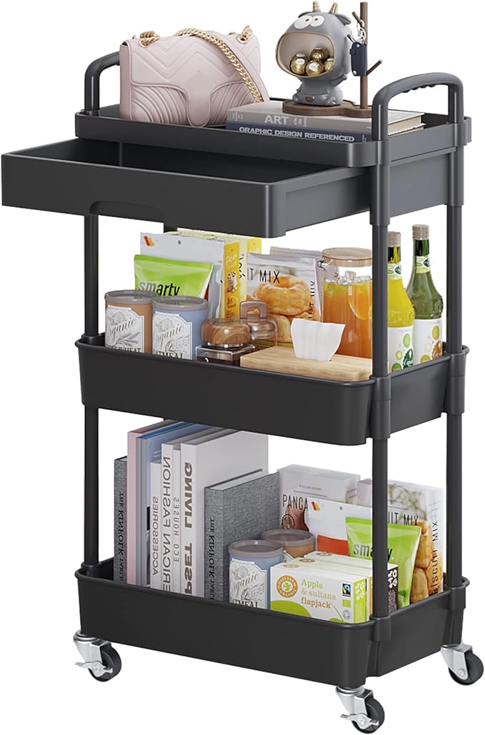 Calmootey 3-Tier Utility Cart with Drawer & Wheels, Storage for Home,Office | Space-Saving Organizer, Sturdy Plastic Shelves, Smooth-Rolling Metal Wheels, Built-in Drawer for Small Items, Black by Calmootey