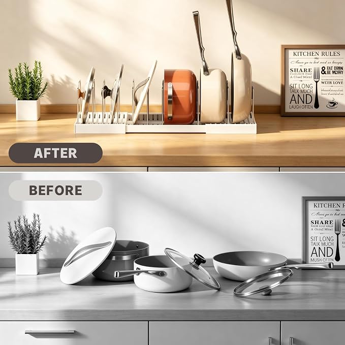 Magheo Pots and Pans Organizer Under Cabinet, Expandable 12.6"-22.8" Kitchen Cabinet Organizer Holder with 10 Adjustable Dividers for Food Storage Container Lid, Cookie Sheet, Cookware(1 Pack, White) - Image 6
